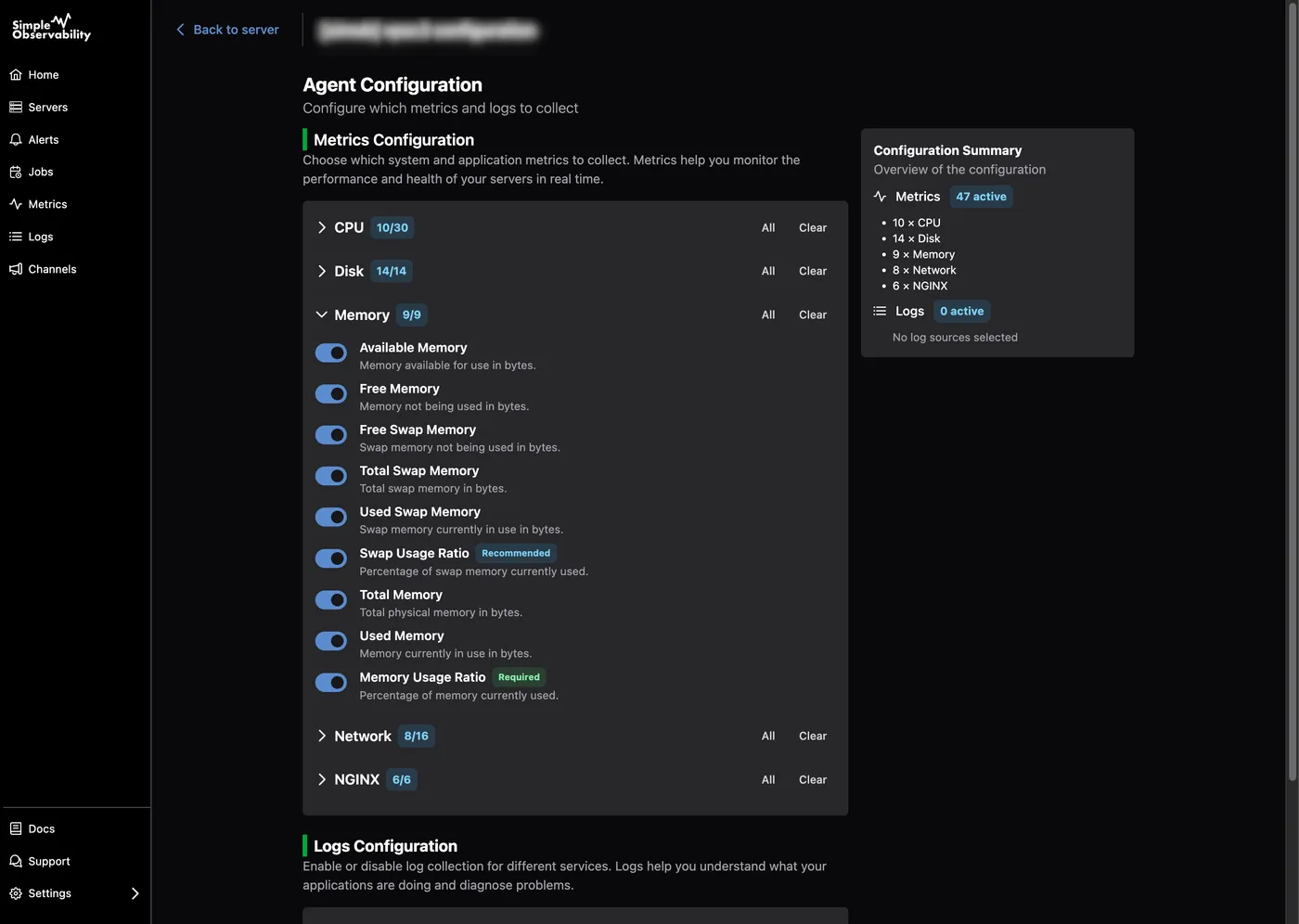 UI showing configuration interface