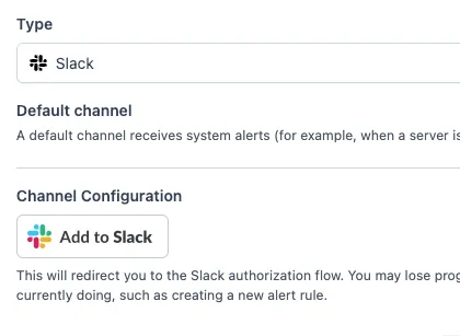 Dashboard Channels page with Slack option