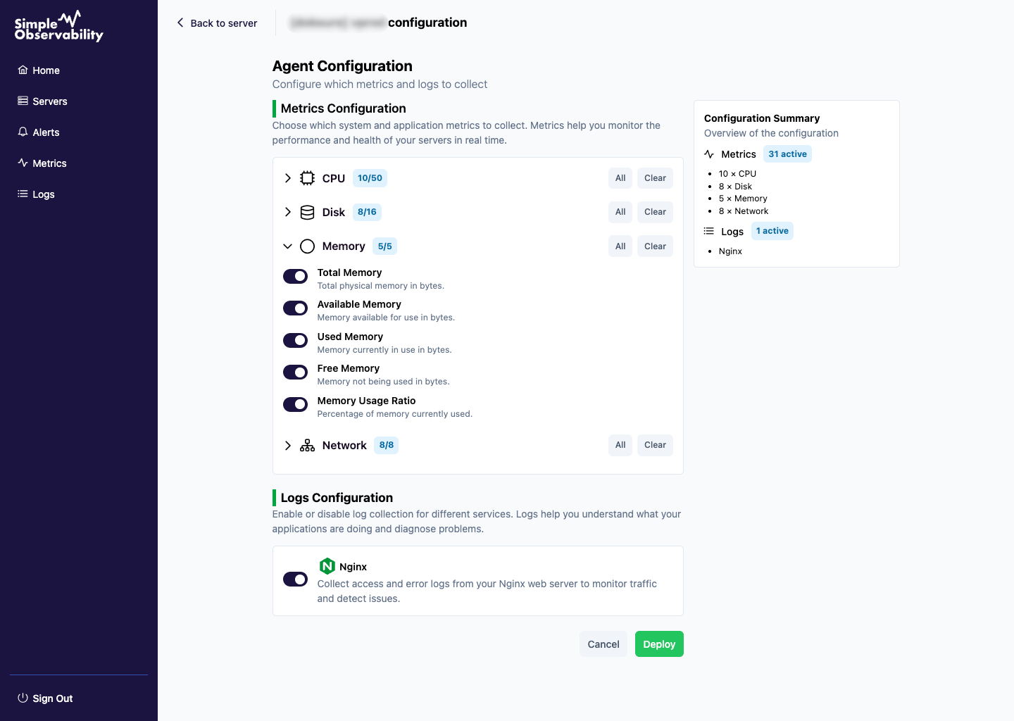UI showing configuration interface