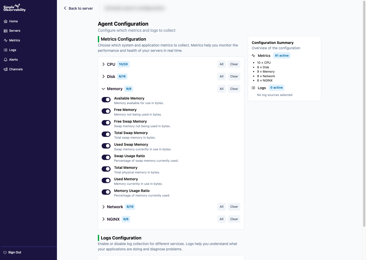 UI showing configuration interface