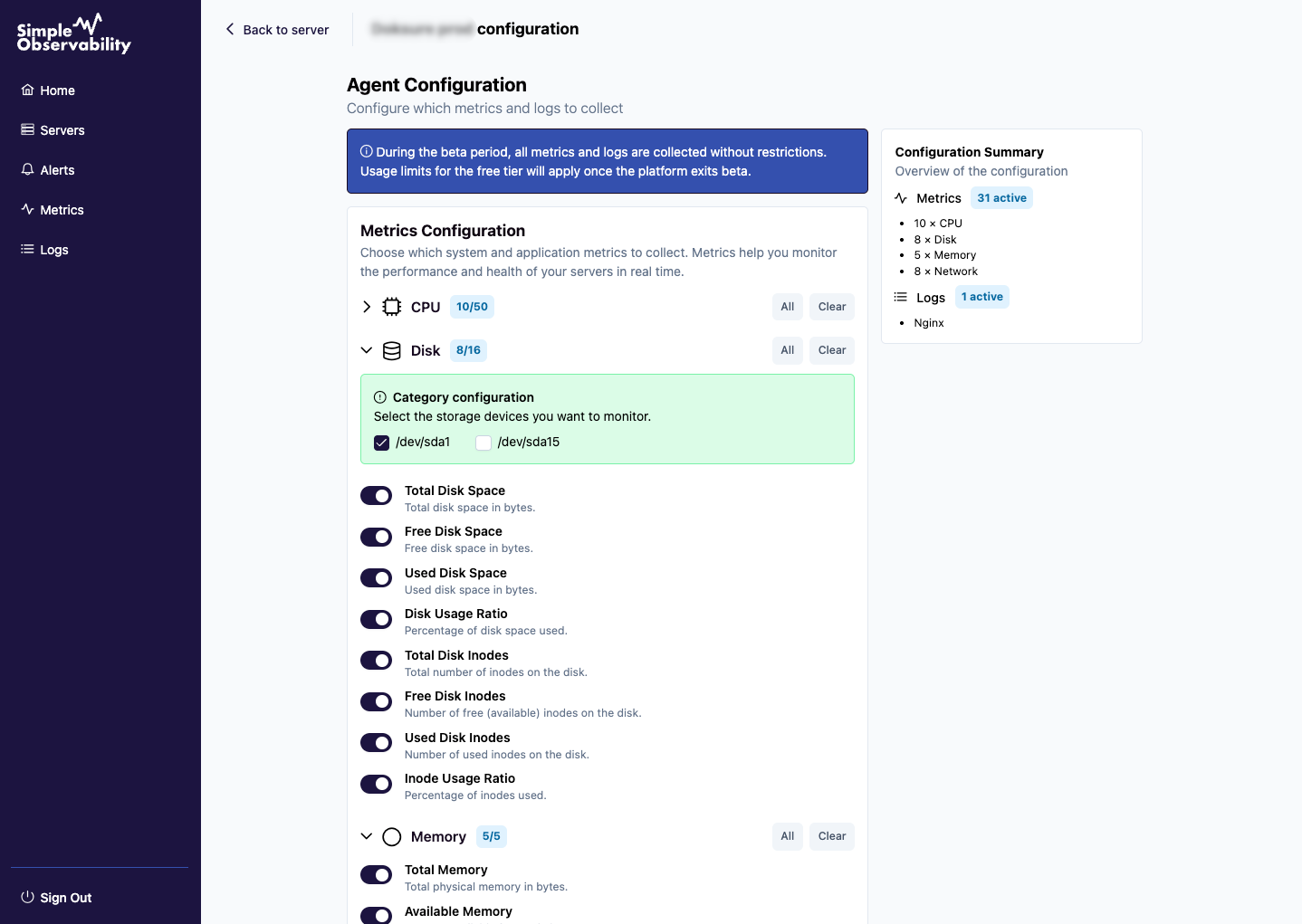 UI showing configuration interface